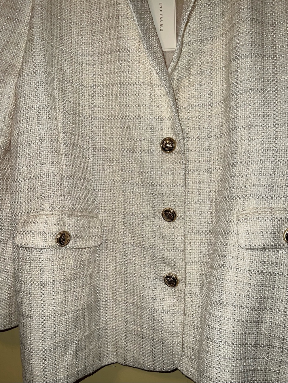 Endless Blu Cream Boucle Tweed Blazer Modern Preppy Chic Jacket Size L NWT - Picture 4 of 9